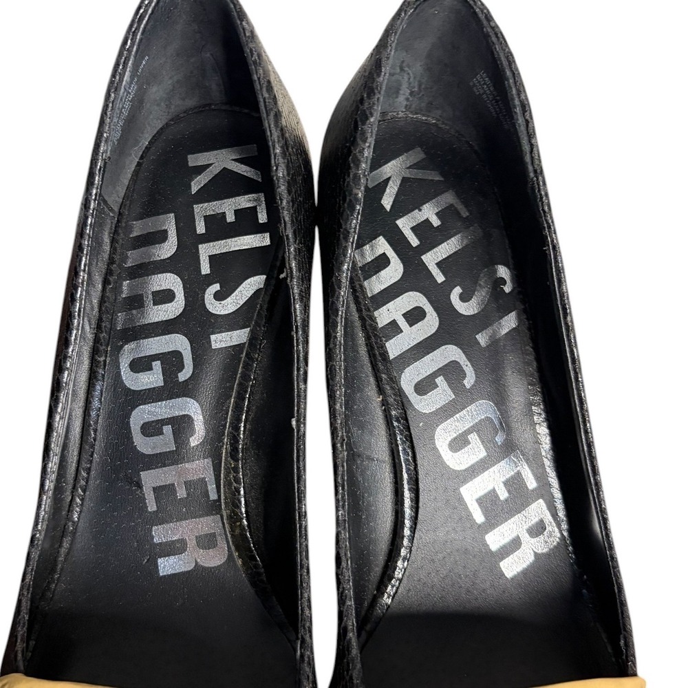 Kelsi Dagger Black Tan Wedge Heels Excellent Snakeskin Peep Toe Women's Size 9.5 - Picture 6 of 7